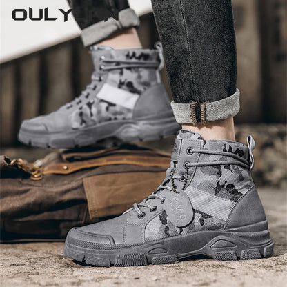 Medium Top Martin Boots Camouflage Men's Boots Trendy Casual Workwear Shoes Retro Hiking Trekking Climbing Desert Boots