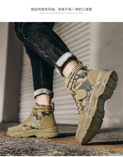 Medium Top Martin Boots Camouflage Men's Boots Trendy Casual Workwear Shoes Retro Hiking Trekking Climbing Desert Boots