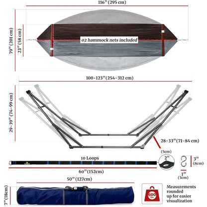 Double Hammock with Stand Included for 2 Persons/Foldable Hammock Stand 600 lbs Capacity Portable Case - Inhouse,Outdoor,Camping