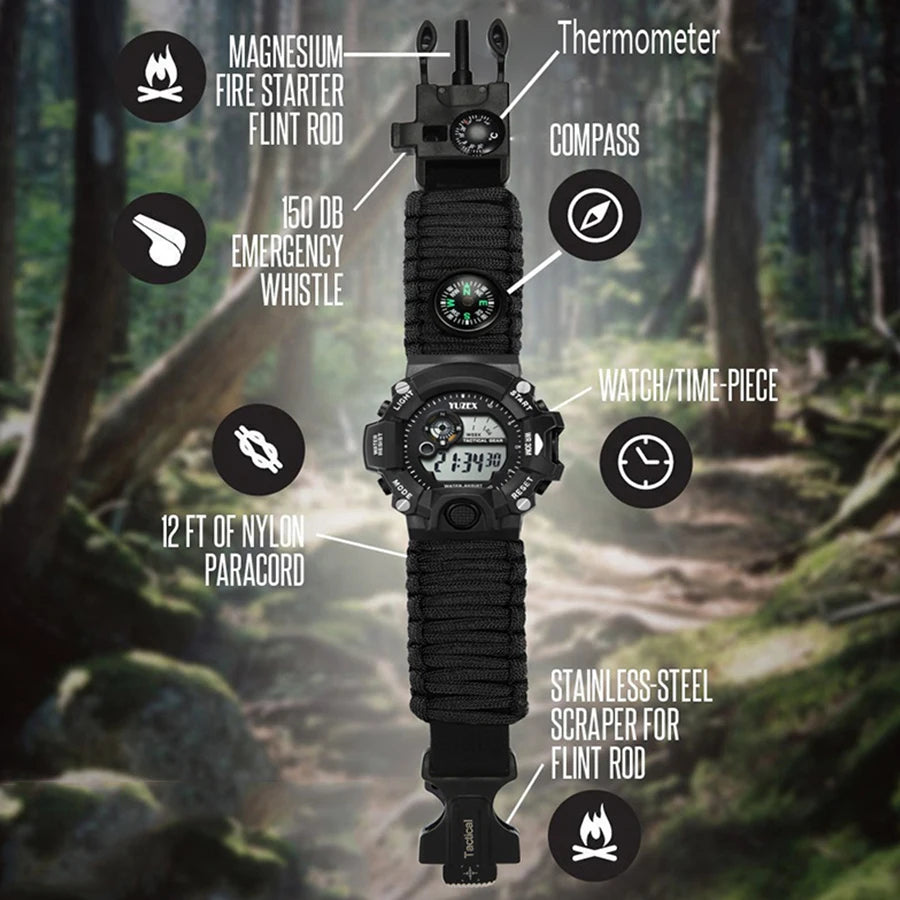 Outdoor Survival Watch Multifunctional Waterproof  Tactical Watch Compass Bracelet Camping Hiking Emergency Gear