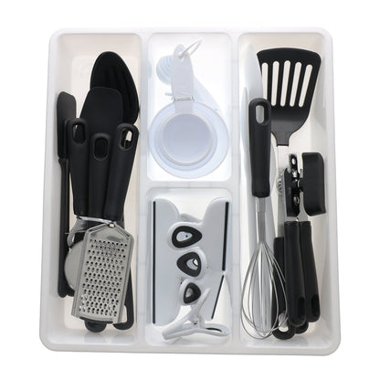 30-Piece Kitchen Gadget Set with Cooking Utensils, Measuring Cups, Clips, and Drawer Organizer, Black/White