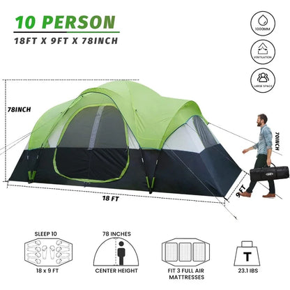 Camping Tent 10 Person Big, Easy Up, 5 Large Mesh Windows, Double Layer, 2 Room, Waterproof, Weather Resistant